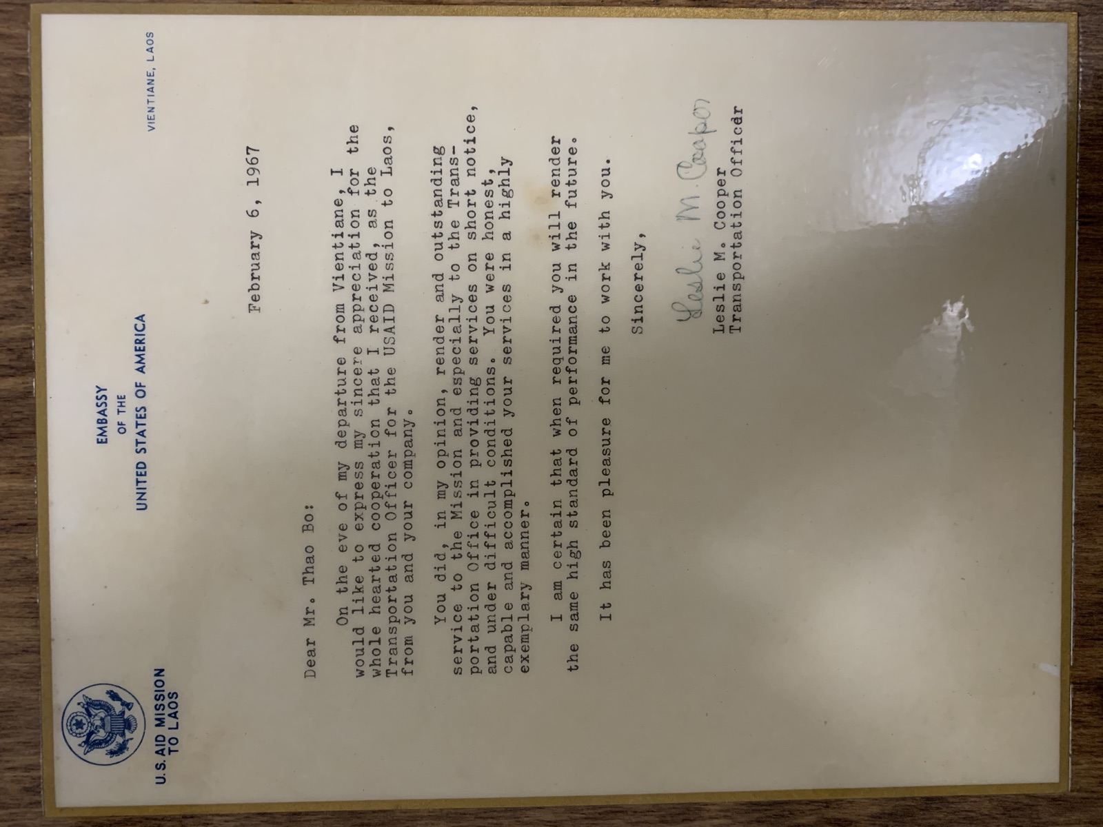 1967 letter from USAID Mission to Laos commending Mr. Bo