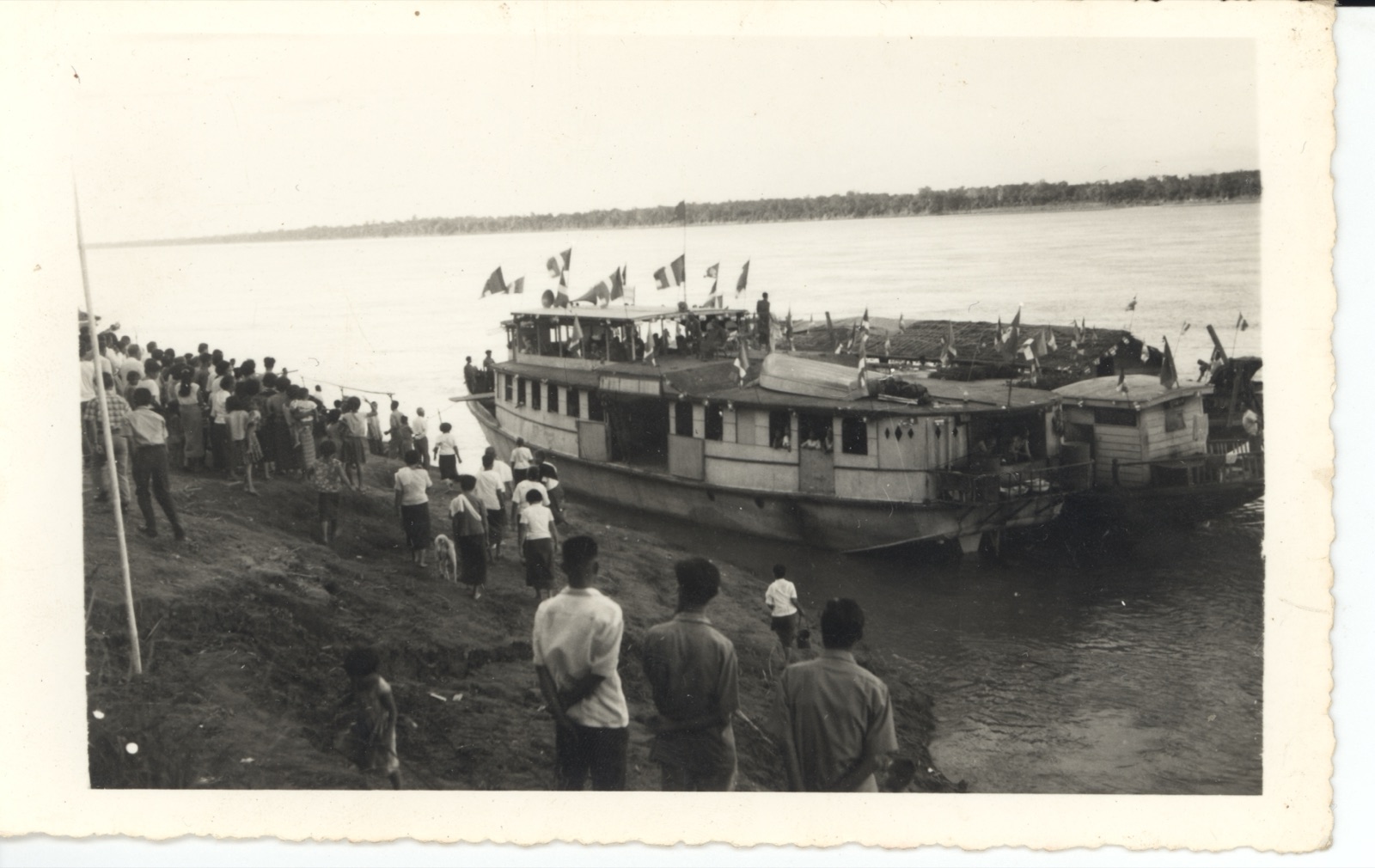 The Boualoy steel ship on the Mekong River, departing Vientiane, 1973